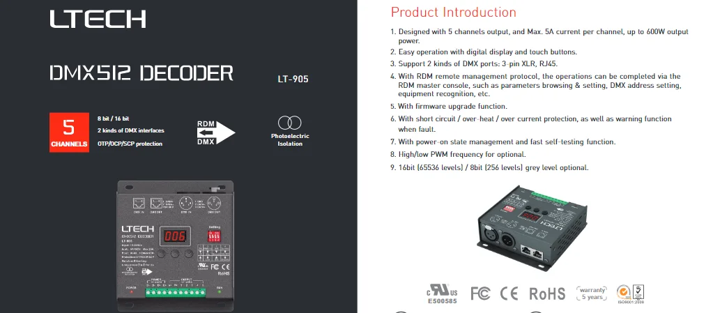 LT-905/LT-905-OLED контроллер dmx декодера; DC12-24V вход; 5A* 5CH outputRGB/RGBW+ CCT декодер XLR-3/RJ45