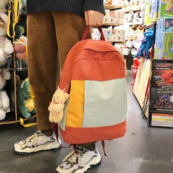 

LJL-Contrast Stitching Canvas Women's Backpack Fashion Youth Student School Bag 15.6-Inch Laptop Bag Travel Bag