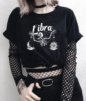 

kuakuayu HJN Goth Spooky Libra Skeleton Woman Tshirts Sun and Moon Harajuku Streetwear Halloween Grunge Style