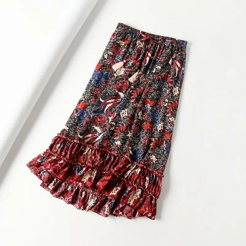 Boho Chic, Женская пляжная плиссированная юбка в стиле хиппи с цветочным принтом и птицами, высокая эластичная талия, макси-линия, Женская юбка в стиле бохо