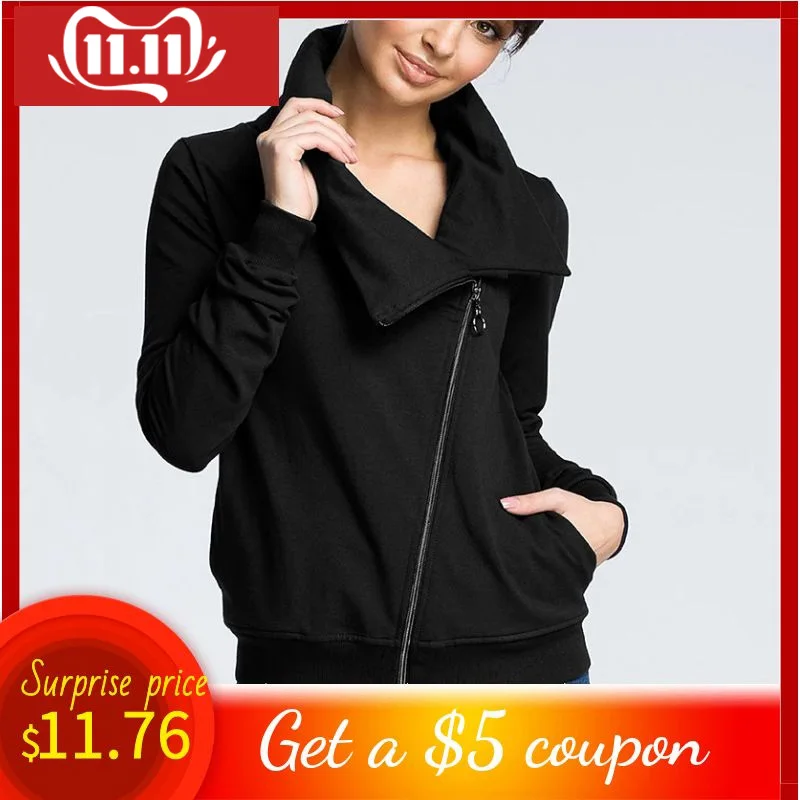 

2019 New Casual Women's Comfortable Sweatshirt CHUQING Brand Diagonal Zipper Autumn and Winter Women's Fashion Sweatshirt Jacket