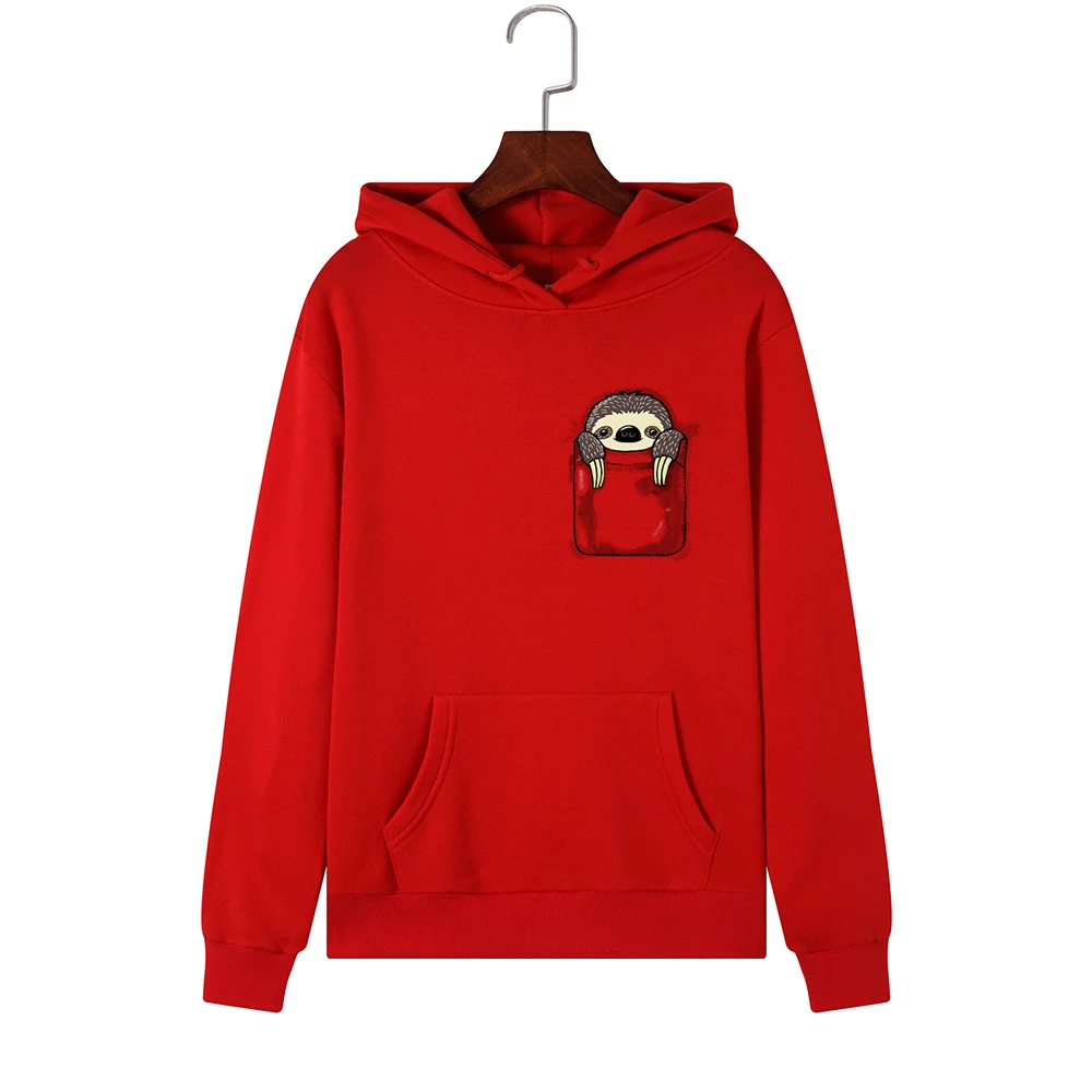 SINGRAIN, Модный женский свитер с капюшоном, с принтом, больше размера, d, с карманами, с рисунком, Ленивец, теплый пуловер, для девушек, большой размер, уличная одежда, толстовки - Color: red