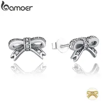BAMOER нежные 925 пробы серебряные сверкающие серьги-гвоздики с бантом с прозрачным CZ женские вечерние Роскошные ювелирные изделия PAS407