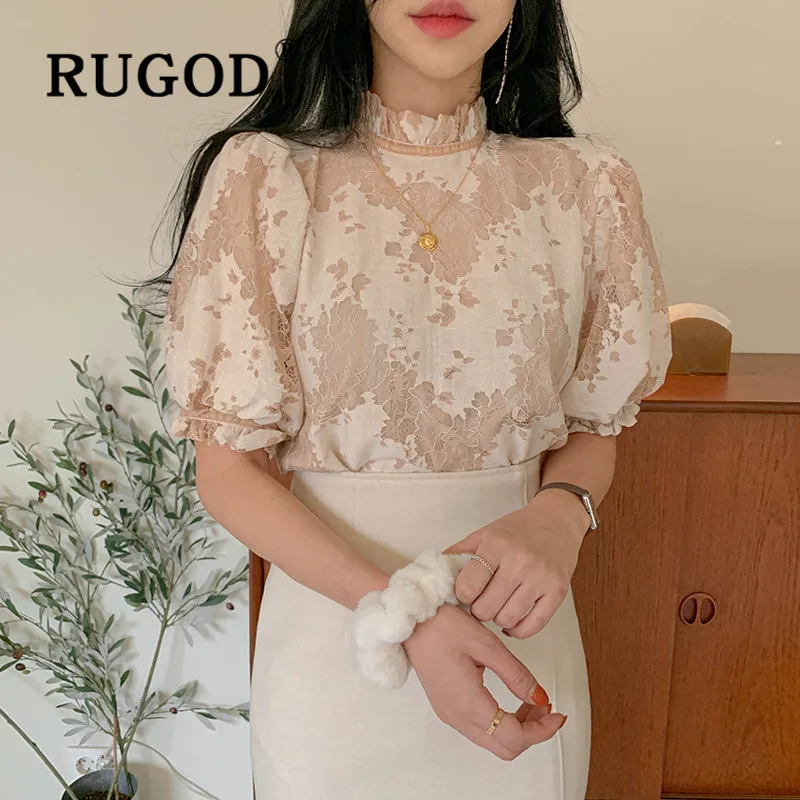 RUGOD женская кружевная блузка с буффами на рукавах элегантный топ корейская мода