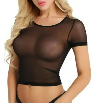 

2020 Women Swimwear Top Cover Up Sexy Sheer Mesh See Through Crop Tops Tee Club Short Sleeve T-shirt Chiffon See Through Tops