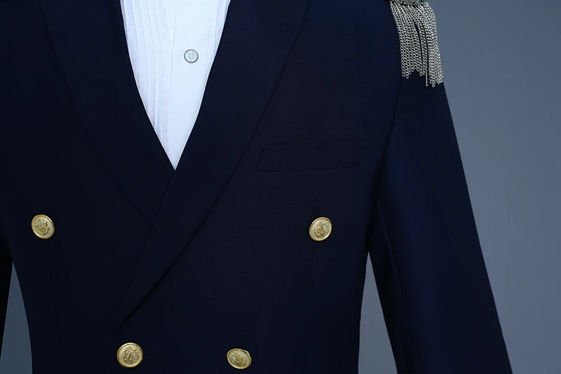 Двухцветный костюм капитана, двубортный мужской костюм, военный комплект с кисточками и погонами, комплект из 2 предметов(костюм+ брюки), банкетный сценический костюм