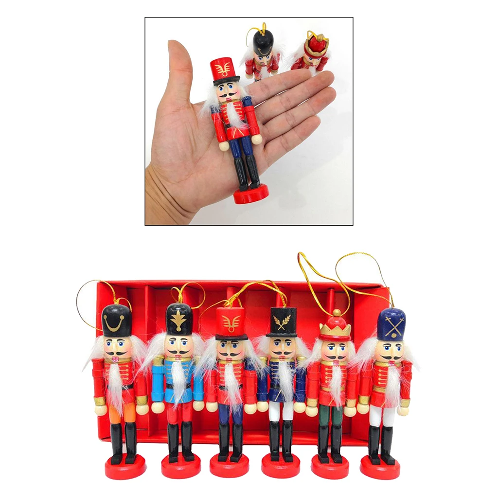 6pcs Christmas Nutcracker Ornaments Set, Wooden Soldier Puppet Toy for Xmas Themed Party Outdoor Yard Tree Hanging Decorations