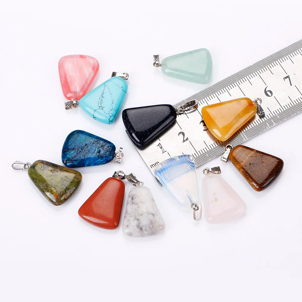 Natural Stone Trapezoid Opal Tiger's Eye Pink Quartz Crystal Chakra Reiki Healing Pendulum Necklace