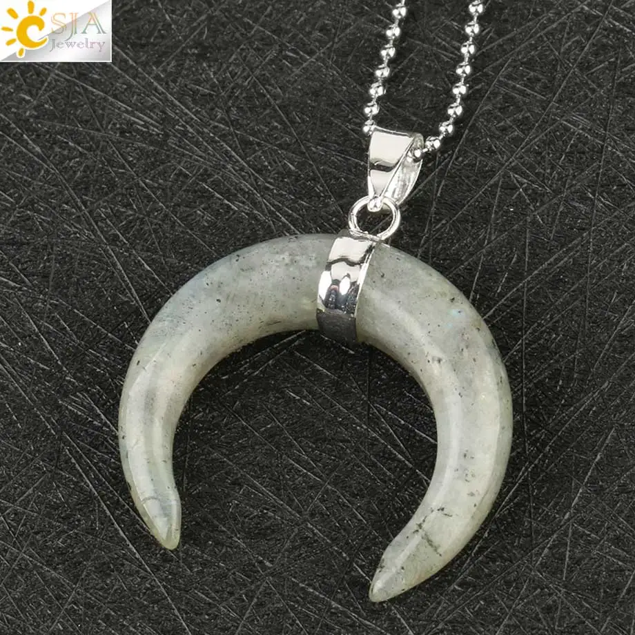 Csja натуральный хрустальный каменный кулон серебряного цвета ожерелья полумесяц двойная Подвески в виде рога для женщин и мужчин целебные ювелирные изделия G159 - Окраска металла: Labradorite Chain