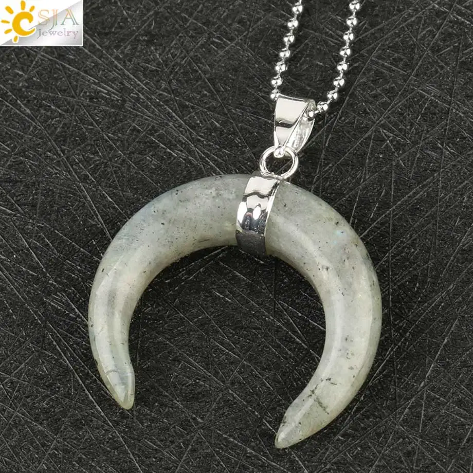 Labradorite Chain Csja натуральный хрустальный каменный кулон серебряного цвета ожерелья полумесяц двойная Подвески в виде рога для женщин и мужчин целебные ювелирные изделия G159 - Окраска металла: Labradorite Chain