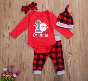 買取 4 個の幼児クリスマスoネックロングスリーブロンパーストップ + 赤-黒のチェック柄パンツ + 帽子 + ヘアバンド男の子、女の子