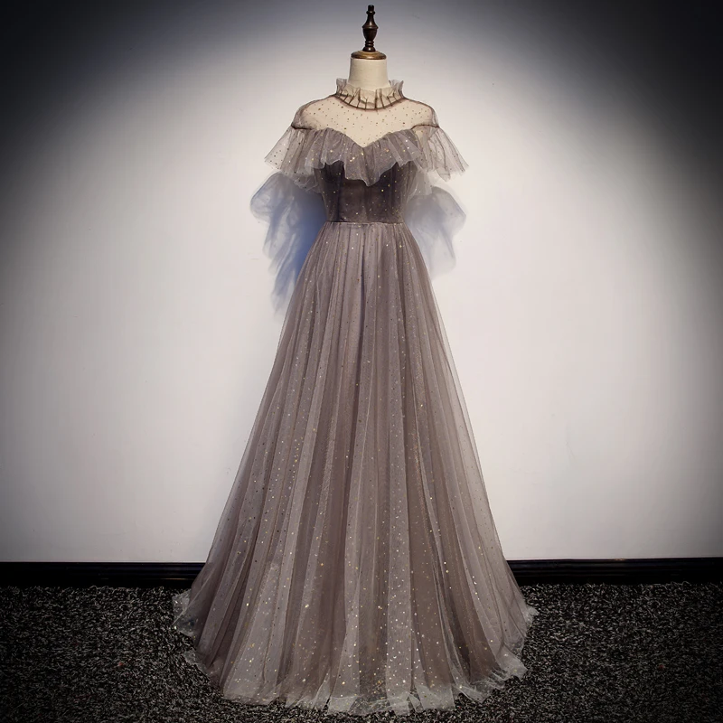 SSYFashion Новое Элегантное серое длинное вечернее платье для банкета романтические торжественные платья для выпускного из тюля с звездным узором на заказ Vestidos De Noche - Цвет: Серый