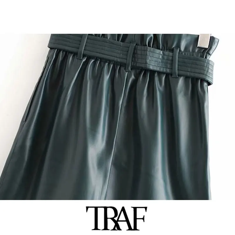 TRAF, Женская винтажная стильная мини-юбка из искусственной кожи с поясом, модная высокая эластичная талия, боковые карманы, женские юбки из искусственной кожи