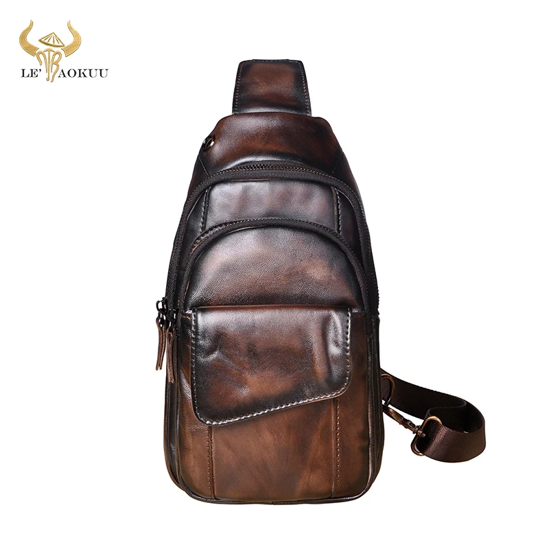 

Genuine Cow Leather Men Coffee Fashion Travel Triangle Chest Sling Bag Design 8" Tablet One Shoulder Strap Bag Daypack Male 8013