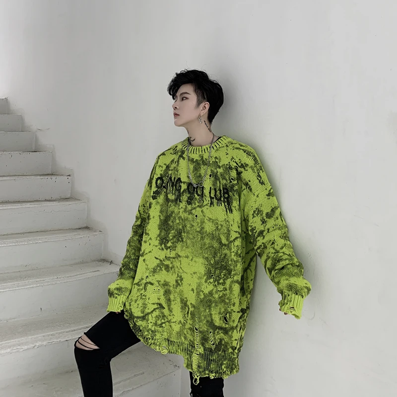 

Men Streetwear Retro Tie Dyed Pattern Hip Hop Autumn New Pull Over Spandex O-neck Oversize Ripped Loose Men's Sweaters KK1246