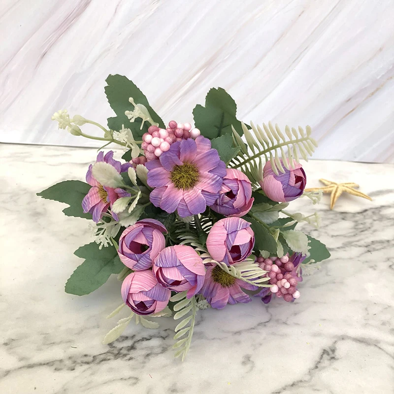 JAROWN 10 Heads Artificial Rose Small Flowers Bouquet Silk Fake Flowers Wedding Home Decoration Plant Leaves Decorative (5)