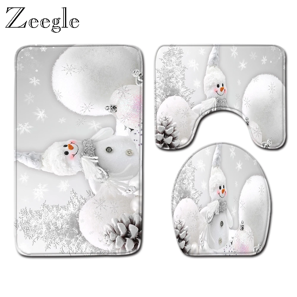 Zeegle Christmas Bath Mat Set Bathroom Decoration Absorbent Toilet Pedestal Rug Foot Mat Toilet Seat Cover Mat 3pcs Toilet Set