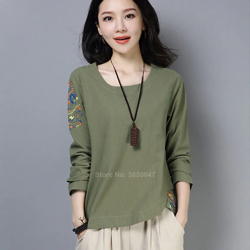 One green top Хлопковые льняные традиционные китайские винтажные Топы Cheongsam с вышивкой, Женская свободная одежда с круглым вырезом, ретро юбка, наряды - Цвет: One green top