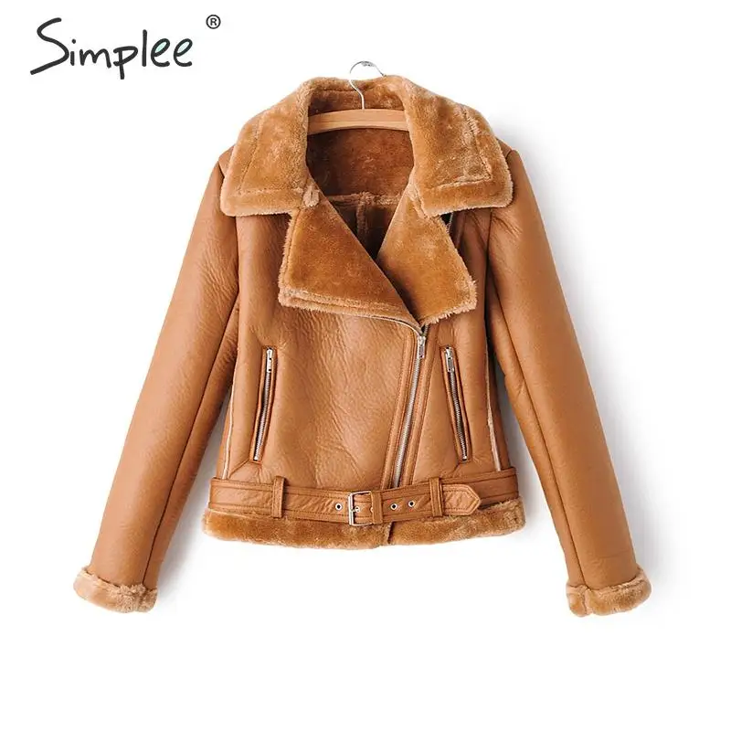 Simplee, винтажная Меховая куртка из искусственной кожи, женская, на молнии, с поясом, Осень-зима, женские теплые пальто, толстая верхняя одежда, женские пальто