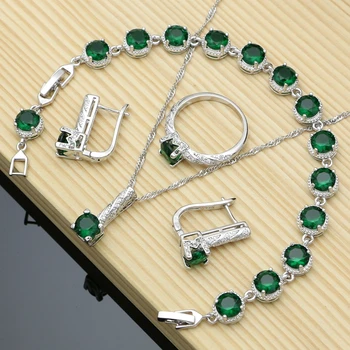 

925 Sterling Silver Jewelry Green CZ Birthstone Jewelry Sets Women Earrings And Ring Lover Gift