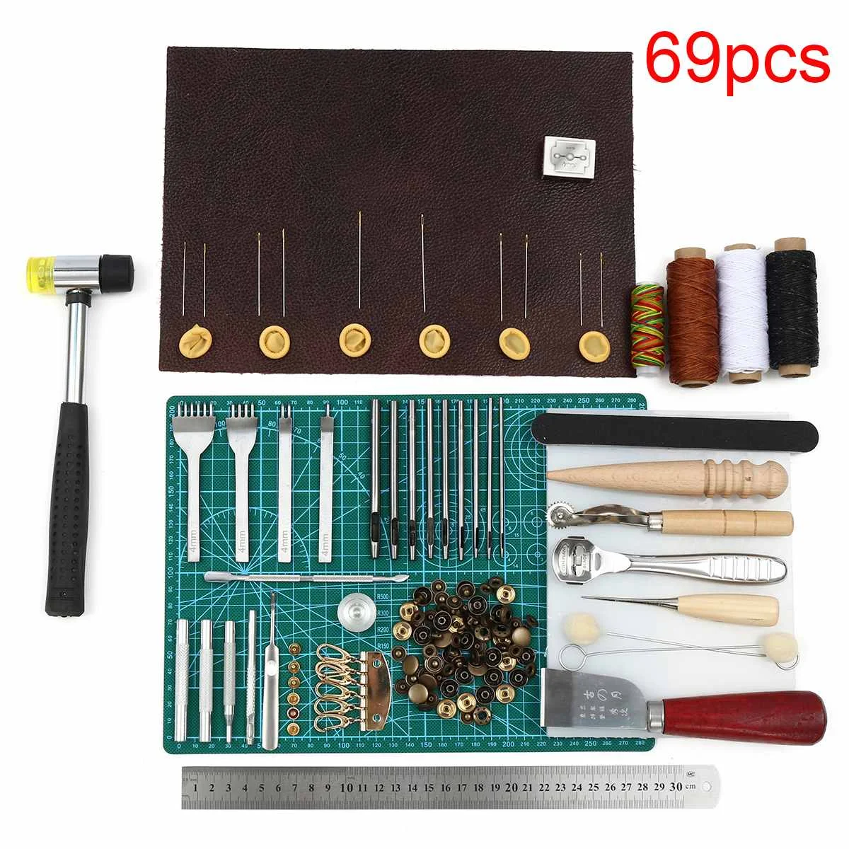 

69PCS/Set Leather Craft Hand Tools Kit Thread Awl Waxed Thimble Kit For Hand Stitching Sewing Stamping Carving Work DIY Tool Set