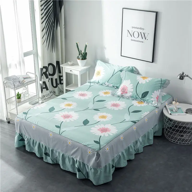 15 Green and white striped cotton single double bed skirt printed bed cover cartoon sheets bedding set - Цвет: 15