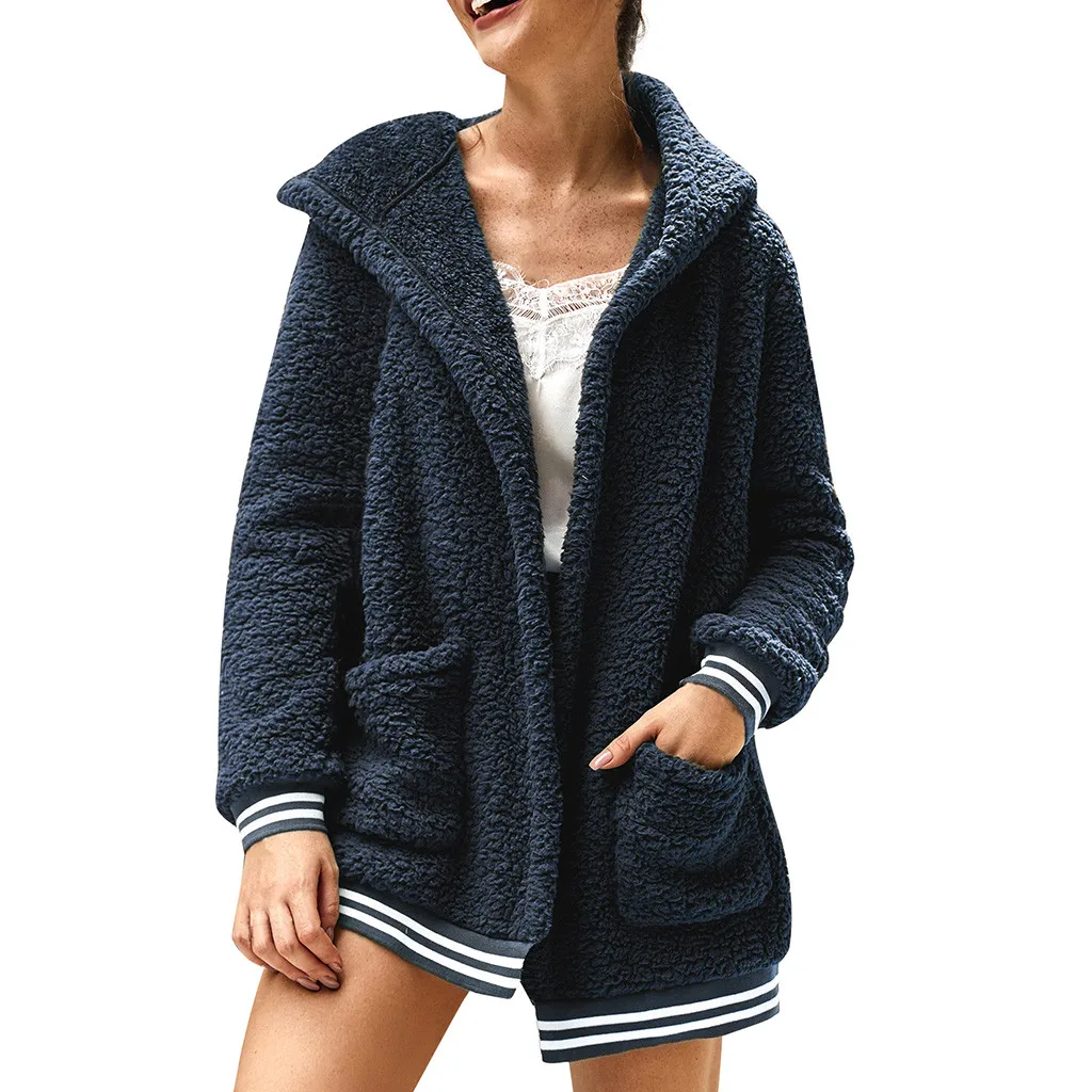 

JAYCOSIN Women's Hooded Plush Jacket Solid Color Loose Warm Casual Long Jacket Fashion Personality Autumn Winter Stripes Element