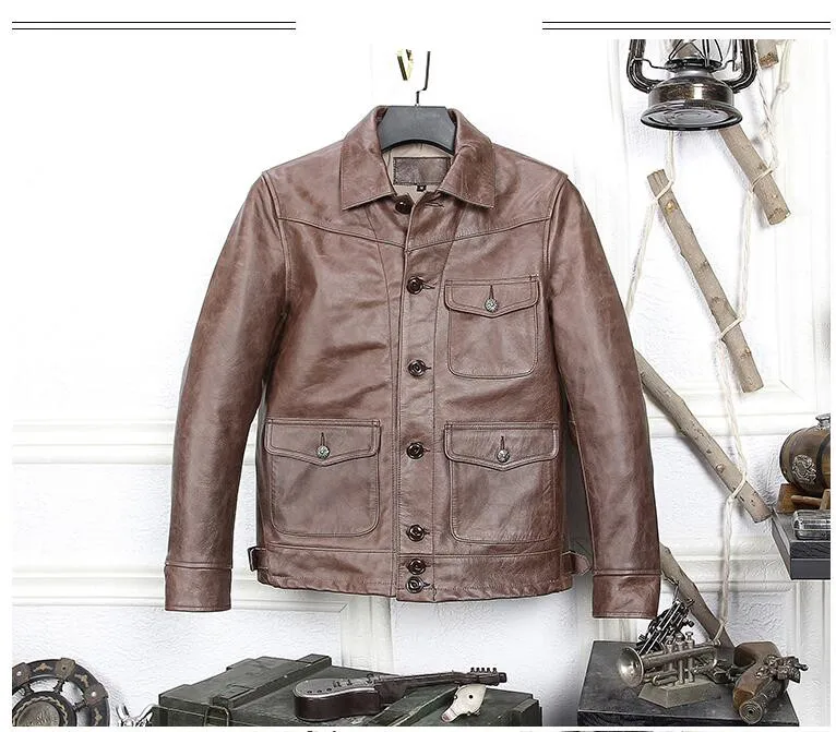 Perfect 2019 Dark Brown Men Japan Style Short Casual Leather Jacket Plus Size 3XL Genuine Cowhide Autumn Slim Leather COat FREE SHIPPING 8