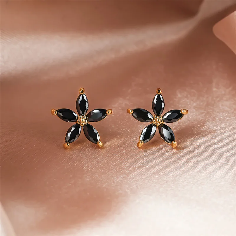 Cute Star Black Stone Flower Stud Earrings For Women Wedding Jewelry Vintage Gold/Black/Rose Gold/Silver Color Pentagram Earring