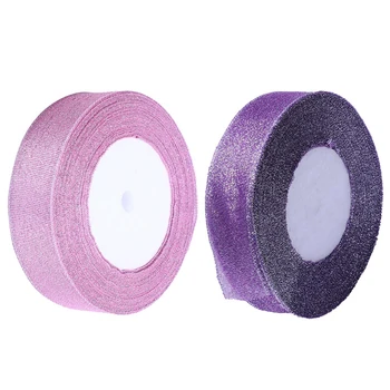 

2 Pcs 22 Metres 25Mm Double Sided Satin Glitter Ribbons Bling Bows Reels Wedding - Pink & Purple