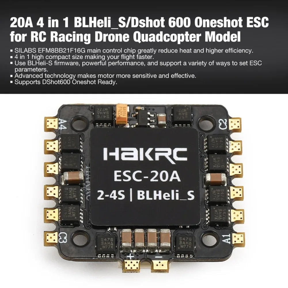 

20A 4 in 1 2-4S BLHeli_S/Dshot 600 Oneshot ESC Electronic Speed Controller for RC Racing Drone Quadcopter Accessories ht