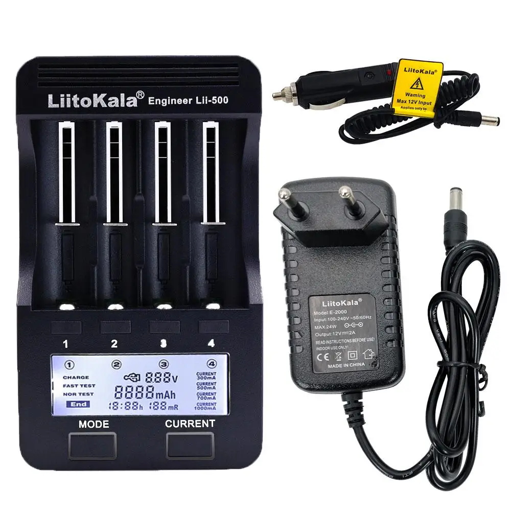 EU and Car Charger Liitokala тестовая емкость, умное Универсальное зарядное устройство, 4 слота, ЖК-дисплей, Lii-500 для перезаряжаемой батареи NiMH Liion 18650 - Цвет: EU and Car Charger