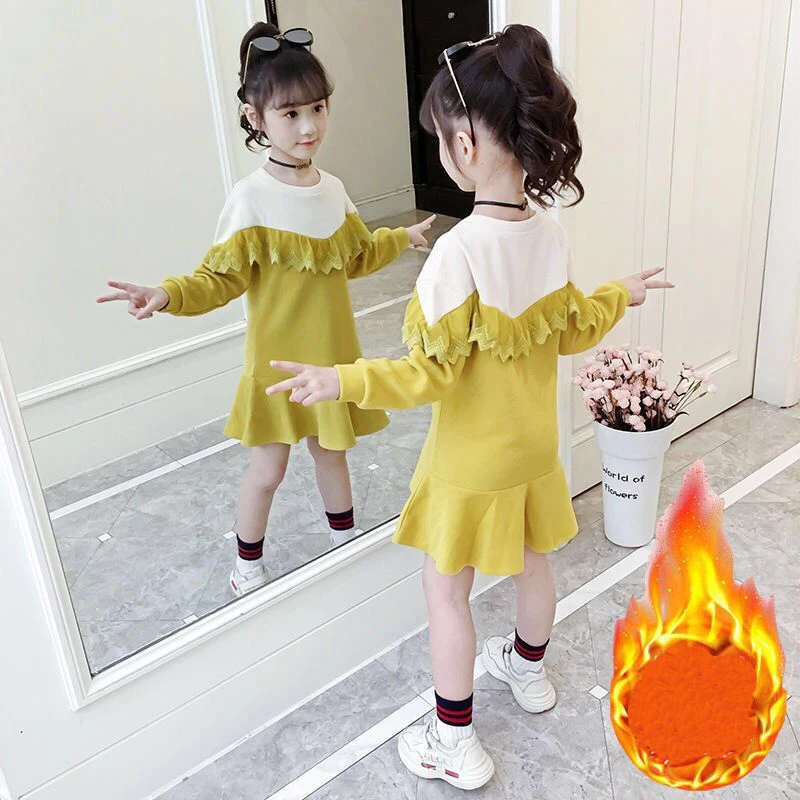 fleece yellow Новое Золотое бархатное платье с оборками на весну и осень для девочек возрастом от 3 до 12 лет Детские платья принцессы с вышивкой для девочек детская одежда 9, 10, 12 лет - Цвет: fleece yellow