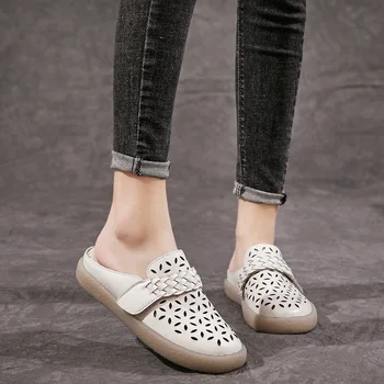 

2020 hollow sandals top layer cowhide wind one pedal sandals soft bottom mother's shoes