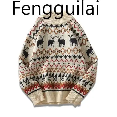 Beige FENGUILAI, новинка, Рождественский мужской свитер, трикотажная одежда с принтом оленя, уличный трикотаж, для мужчин, полуводолазка, Винтажный Мужской свитер, джокер - Цвет: Beige