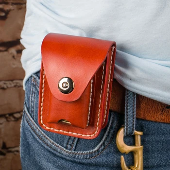 

Men's Cigarette Case Genuine Leather Pocket Small Waist Bag Cigarettes Box Lighter Set Two In One Handmade Retro Storage Tool