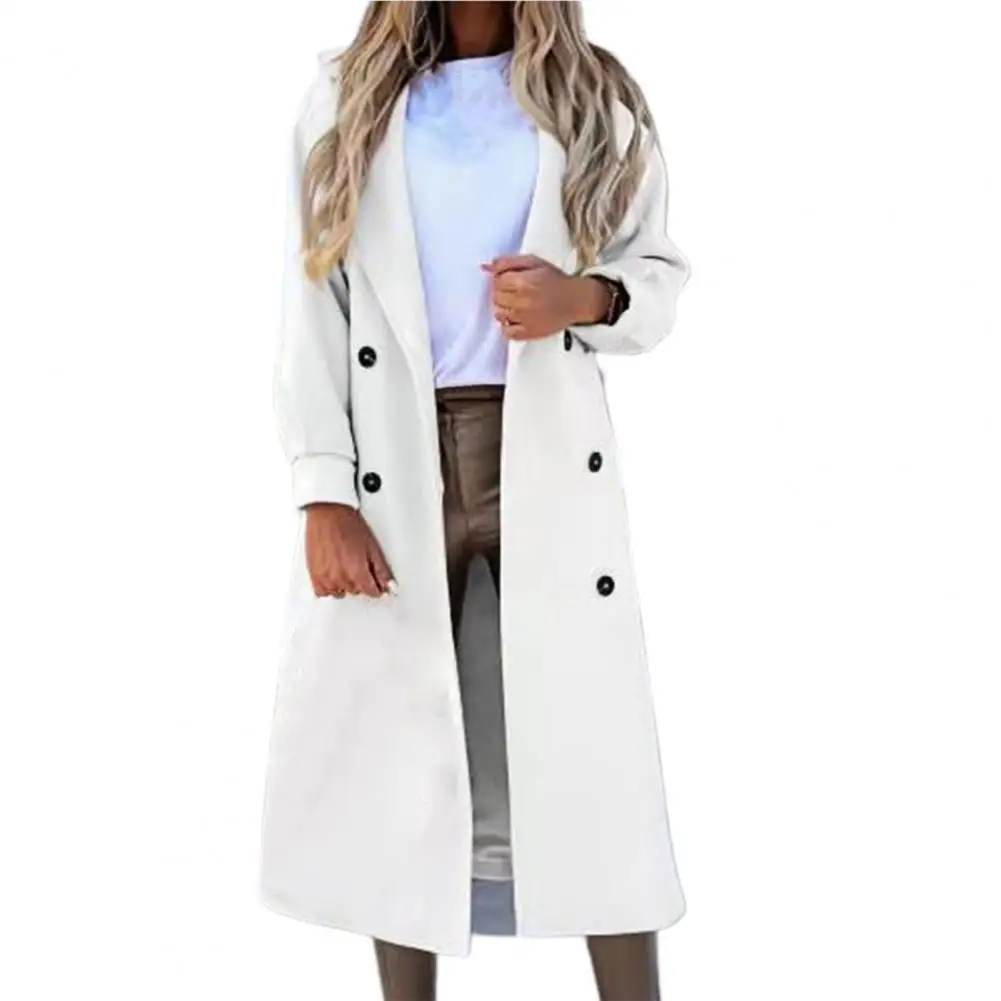 

Women Long Coat Solid Color Trench Coat Double-Breasted Long Sleeves 4 Sizes All Match Pretty Soft Women Coat for Autumn Winter