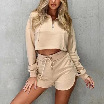 

Women's Cropped Set Zipper High Waist Drawstring Lace Up Solid Sweatshirt and Shorts Set Female 2020 Summer Autumn Lady Suits