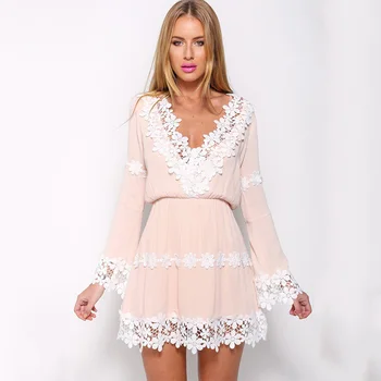 

New Lady Summer Sexy Vestidos V-neck Lace Ruffles Clothes Pink