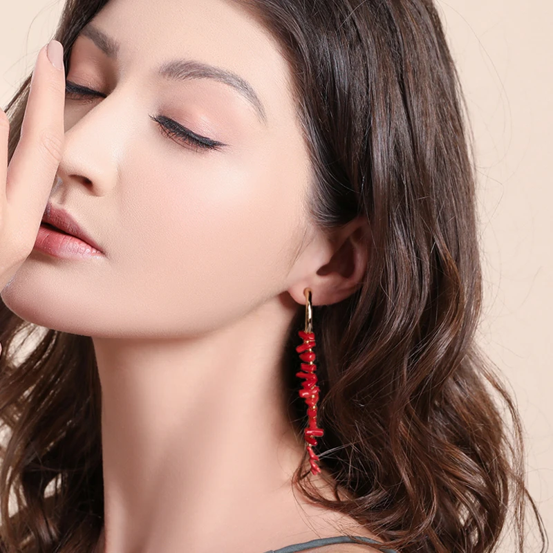 Red Coral Dangle Earrings Bohemia