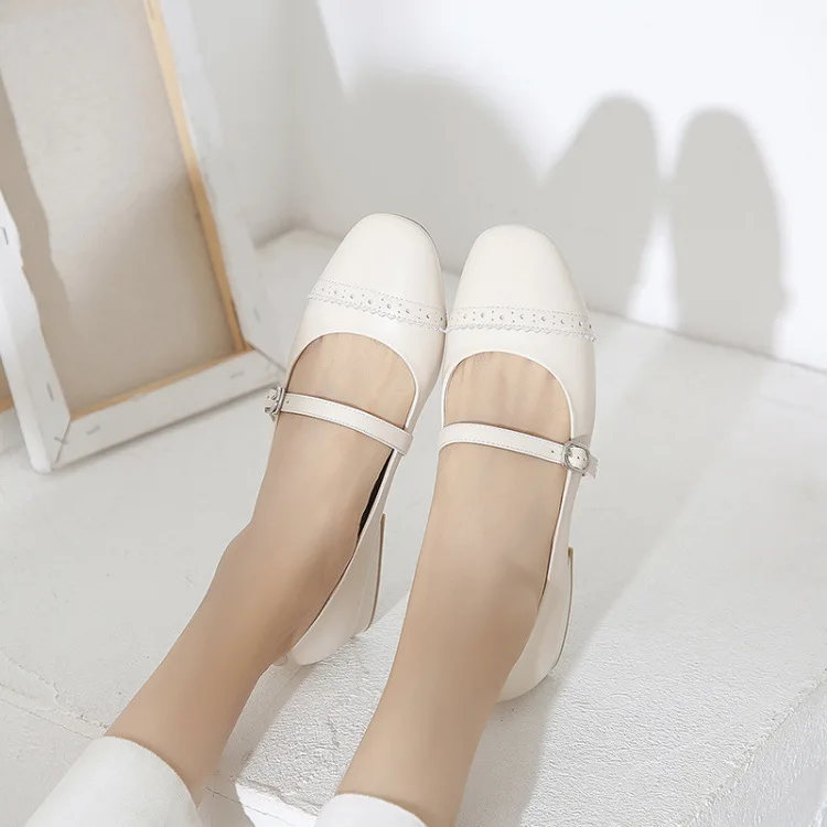 

2019 New Style Chunky-Heel Semi-high Heeled Square Head Genuine Leather Simple Comfortable Versatile Low-Cut Straight-line Buckl