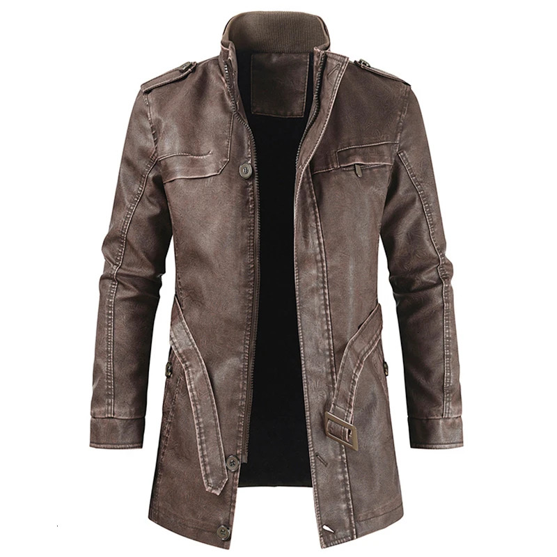 Men Leather Patched Long Casual Parkas Jacket - Image 2