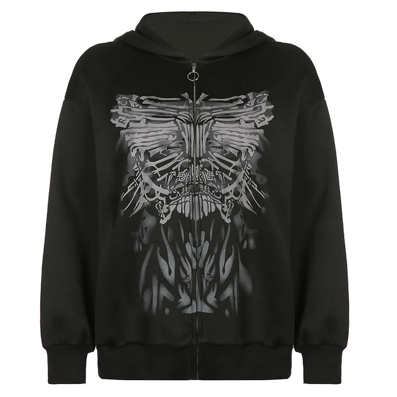 Women´s Y2K Print Oversized Sweatshirt Zip Up Hoodies Coat Long Sleeve Streetwear BF Style Jacket