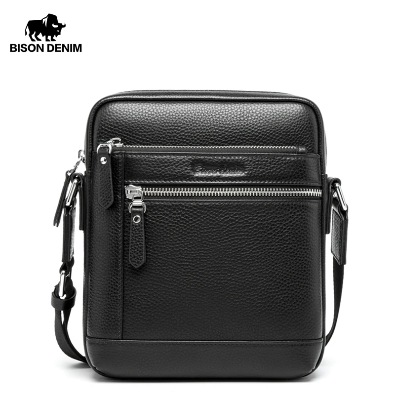 Best BISON DENIM Classic Black Male Bag Genuine Leather Business Crossbody Bag iPad Mens Messenger Bag Casual bolsas male N2845