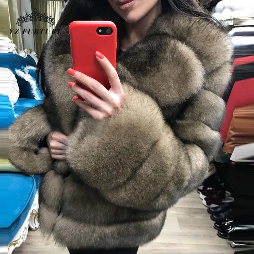 Новинка, пальто из натурального Лисьего меха, зимняя шуба из натурального Лисьего меха, Толстая теплая женская короткая куртка соболя светло-коричневого цвета, пальто из лисьего меха