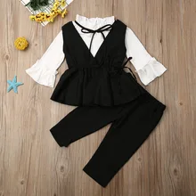 Pudcoco Toddler Baby Girl Clothes Solid Color Flare Long Sleeve Tops Sleeveless Ruffle Vest Long Pants 3Pcs Outfits Clothes