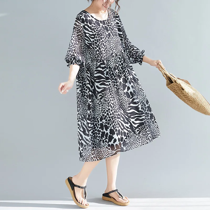 

2019 Spring New Style Fat Mm Large Size Loose-Fit Dress Women's Elegant Printed Chiffon Printed Medium-length Dress