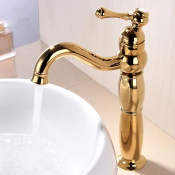 

Gold faucet hot and cold European all copper bathroom high basin faucets washbasin gold-plated antique faucet