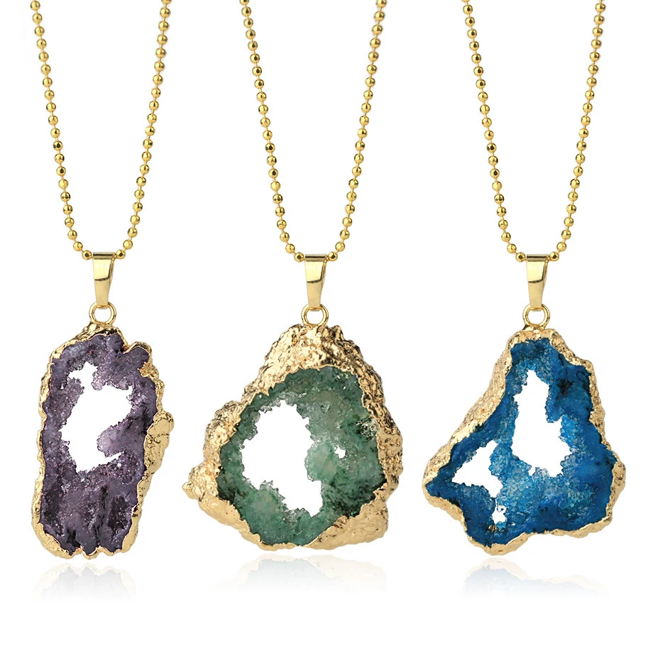 Геометрический Друза природного камня Geode кулон ожерелья для женщин золотой цвет