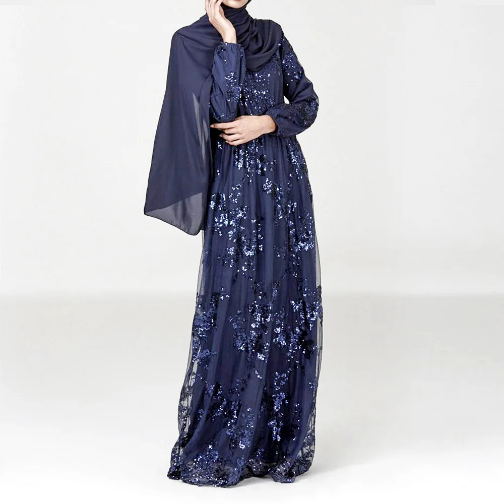 Sequin Abaya Dubai Turkish Hijab Muslim Dress Islam Abayas For Women Jilbab Evening Dresses Caftan Kaftan Islamic Clothing - Цвет: Синий